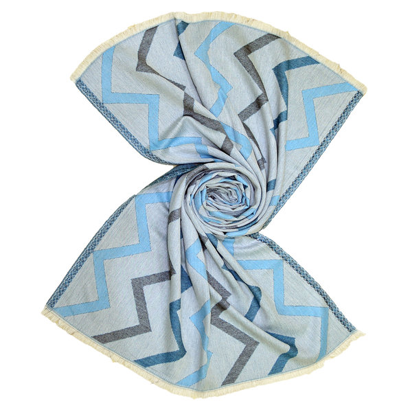 lightweight cotton scarf with blue white zig zag pattern